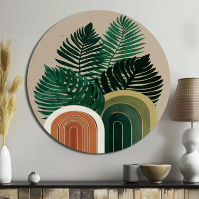 Green Brown Minimalism Palms Composition - Abstract Midcentury Round Metal Wall Art