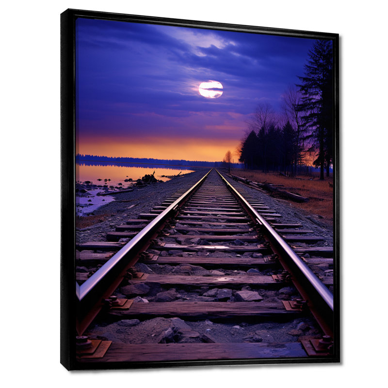 «Purple Train Traces To The Full Moon - Train», art mural, H 32 po x l 24 po x P 1 po, Cadre flottant noir