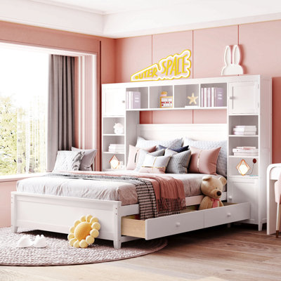 Lit double en bois avec armoire et tablette tout-en-un