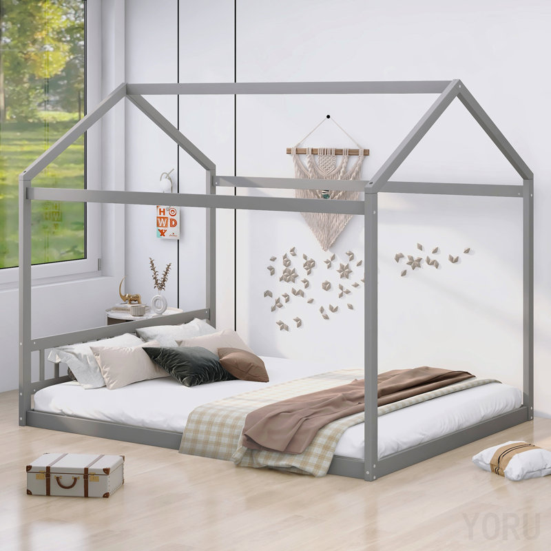 Queen Size Wooden House Bed with Headboard,Gray