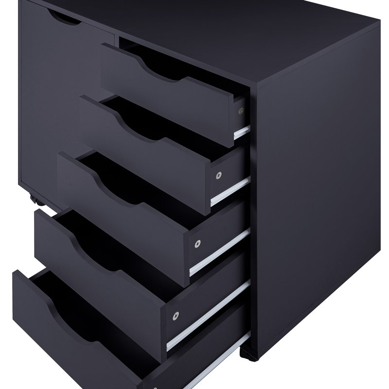 5-Drawer Office File Cabinet with Wheels and 2 Shelves, Under Desk Locking Wood Storage Organizer on Casters for Home Office, Mobile Filing Unit for Documents & Supplies