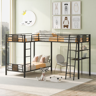L-Shaped Bunk Bed with Desk and Shelf