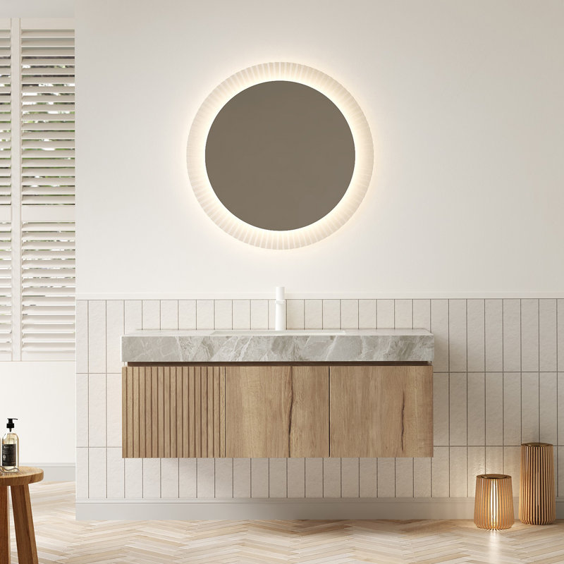 48" Bathroom Vanity with Sink, Floating Plywood Bathroom Storage Cabinet with Drawer and 2 Doors, Light Grey Sintered Stone Countertop with Basin, Pre-assembled,  White Oak Woodgrain Colour