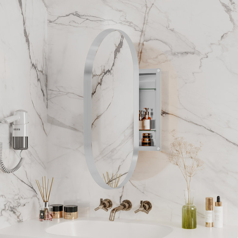 Armoire de salle de bain encastrée ovale 21,06 x 4,47 po - Cadre en métal avec miroir et tablettes réglables, rangement mural blanc 20 x 34 po