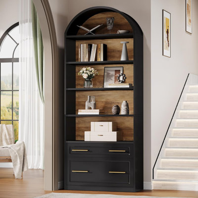 French Vintage Arched Bookshelf | Black Frame with Walnut Back Panel + Dual Drawers | Multi-functional Display & Storage Cabinet for Living Room or Study