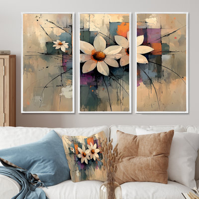 «Vintage Geometric Harmony Daisies I» - Art mural marguerites - ensemble de 3
