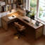 Bureau en bois massif en forme de L brun noyer + en rotin +-1124531165-1124531106