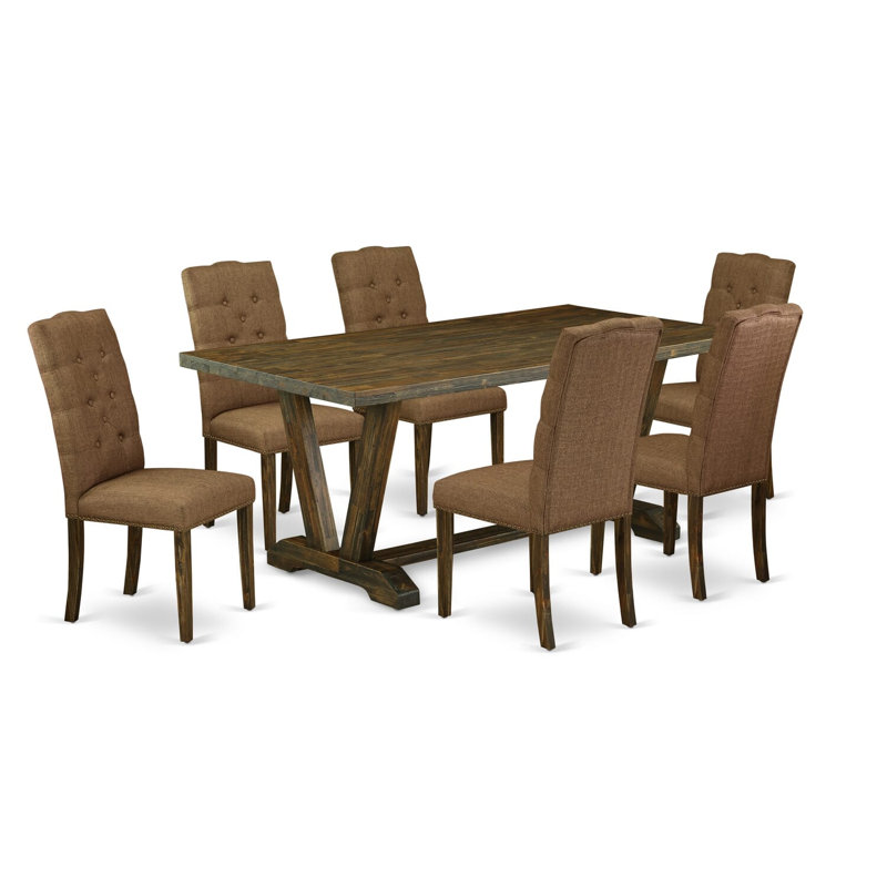Ensemble de 7 pièces comprenant un magnifique plateau de table de salle à manger Jacobean patiné et 6 magnifiques chaises de salle à manger beige brun avec têtes de clou et finition jacobine capitonnée et patinée