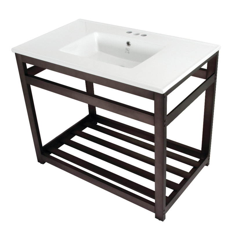 Kingston Brass Quadras 37-Inch Ceramic Console Sink with Steel Base and Shelf (4-Inch, 3-Hole), White/Polished Chrome
