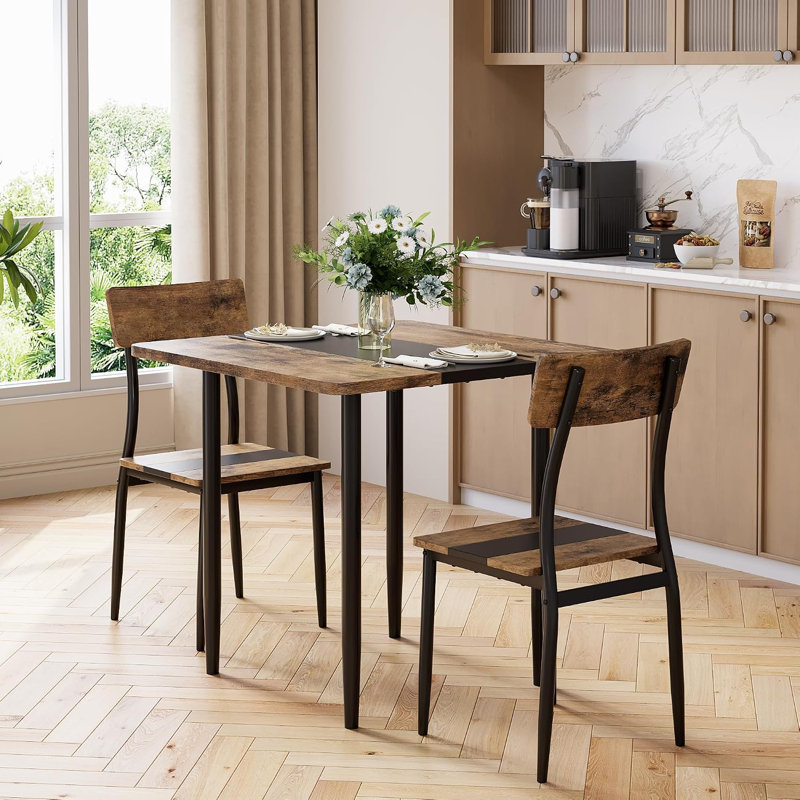 Ensemble table et chaises de salle à manger 3 pièces pour 2 personnes, structure en métal et plateau en MDF, plateau bicolore, brun et noir.