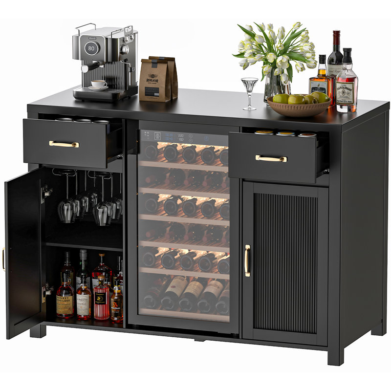 Meuble-bar avec compartiment pour cave à vin, meuble à boissons autoportant avec porte-verres et prise électrique, noir
