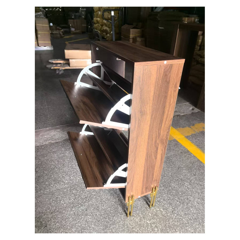 Mid-Century Modern Walnut Shoe Cabinet - 23.6 Inch Freestanding Entryway Storage Organizer with Adjustable Shelves and Metal Legs