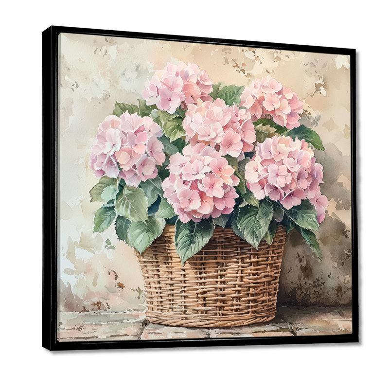 Hortensias dans un panier rétro I - hydrangées, art mural, Impression encadrée flottante, Noir, noir, noir, noir