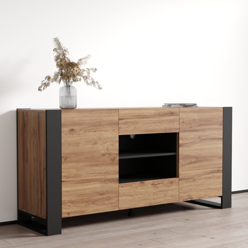 Togut 64.5" Sideboard with High Gloss Finish, Oak/Gray