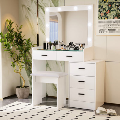 Coiffeuse blanche avec miroir tactile et tabouret à tabourets à compartiments multiples intégrés