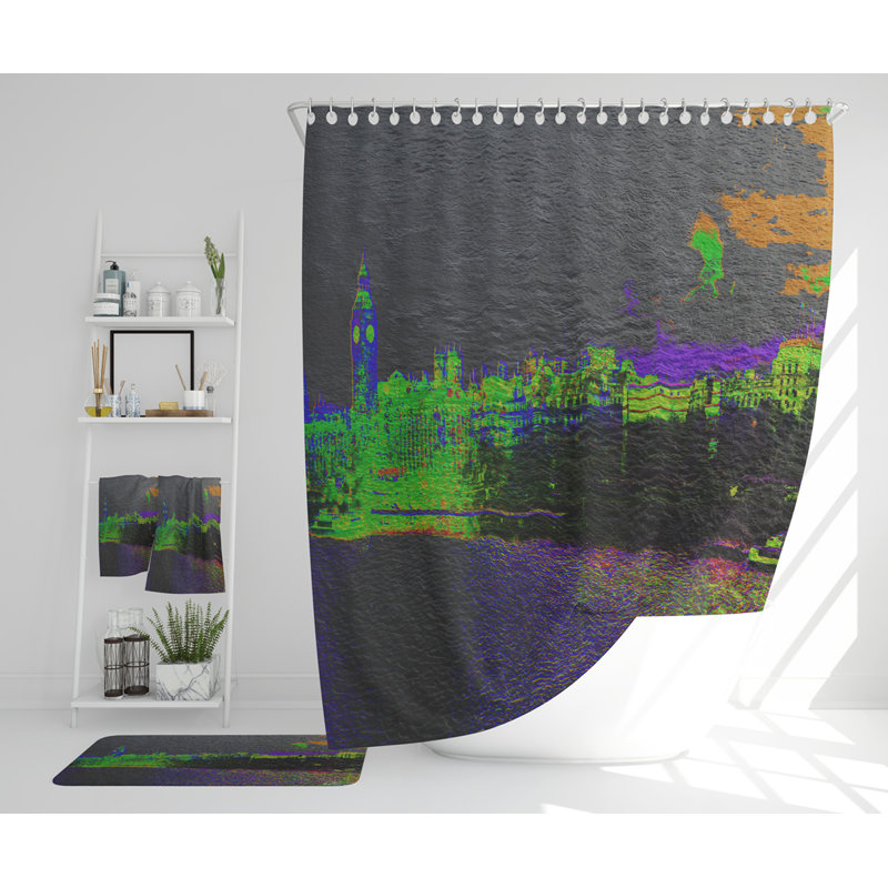 Nelio Polyester Shower Curtain Set, Green/Orange