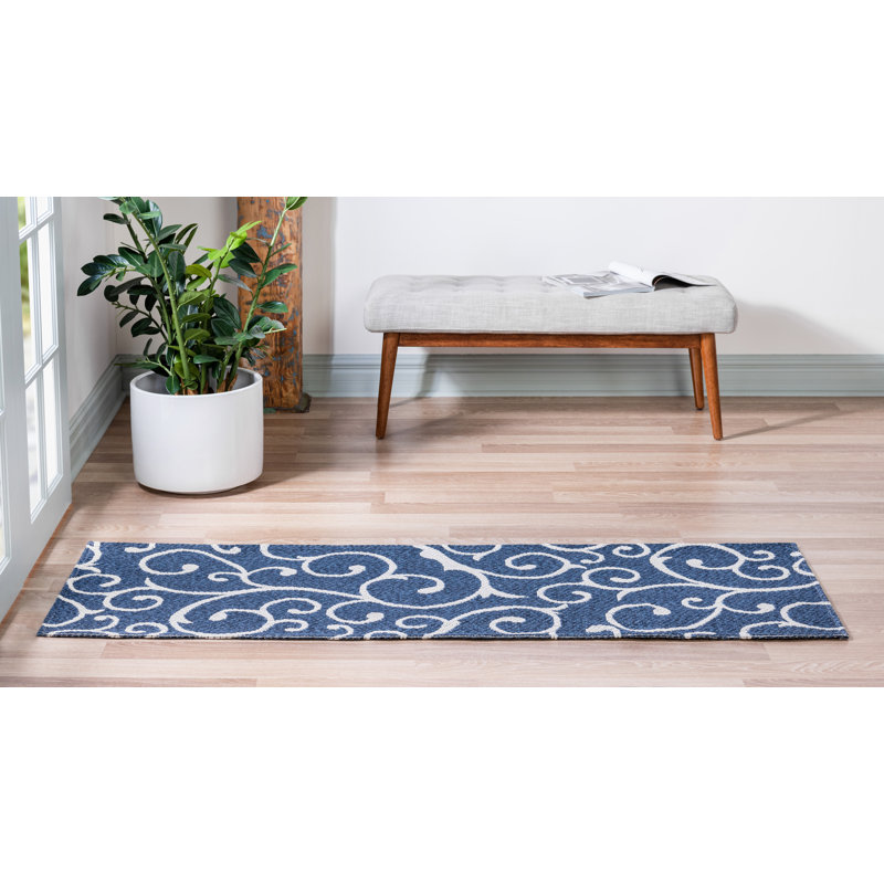 Tapis bleu marine / ivoire en coton damassé Alexei, Tapis de couloir 2 pi x 6 pi