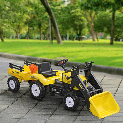 Kids Ride-On Excavator, Pedal Car Bulldozer, Move Forward/Back With Real Working Dirt Bucket, 6 Wheels, & Cargo Trailer