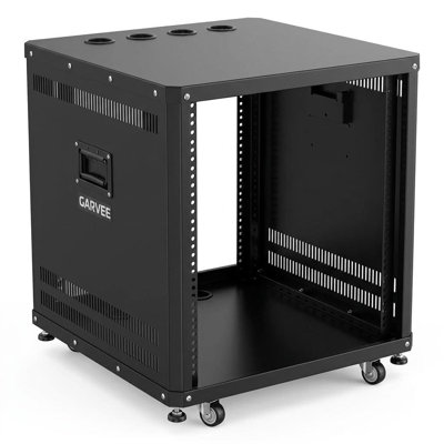 Support à roulettes 12U robuste à structure ouverte avec roulettes, support pour serveur AV / IT 19 "avec trous de montage ronds et carrés, poignées intégrées, noir