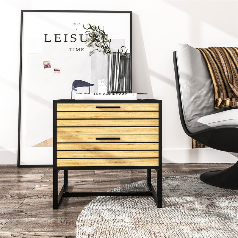 Table de chevet moderne à deux tiroirs en MDF avec pieds en métal