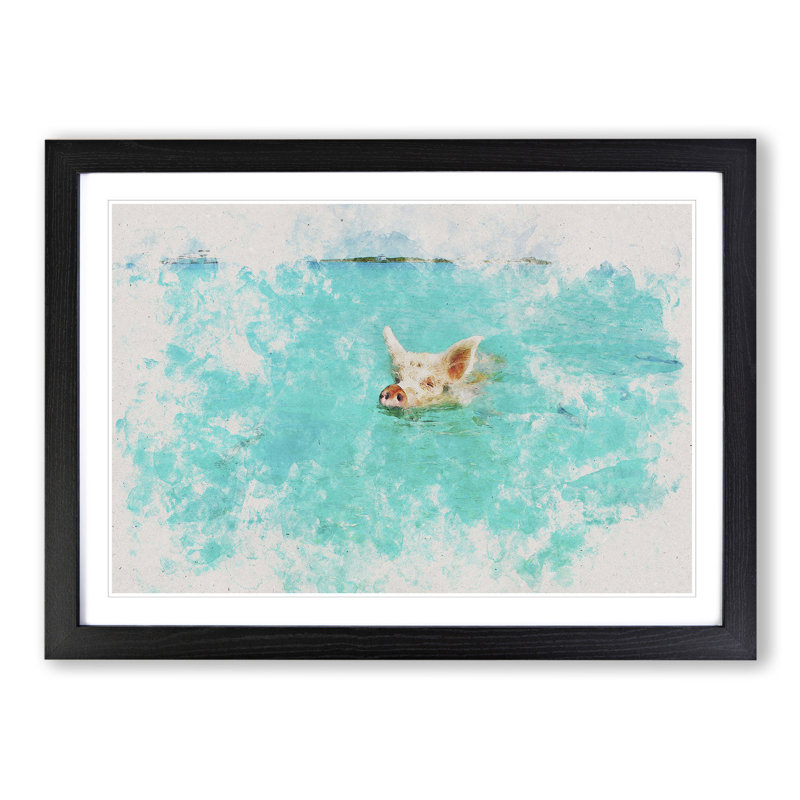 Swimming Pig - Picture Frame Painting, 27cm H x 36cm W x 2cm D, Black Framed