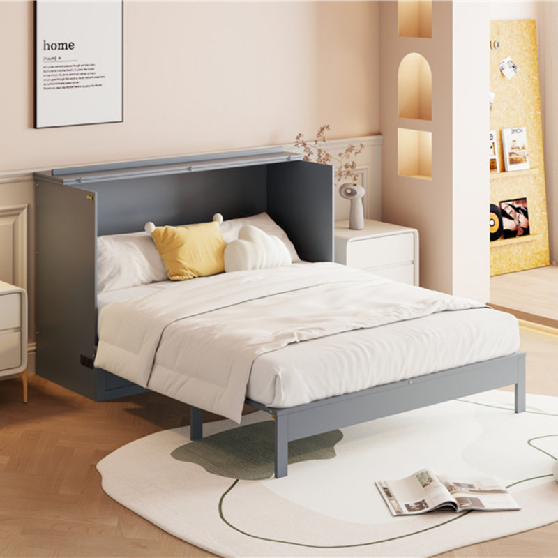  Grand lit escamotable avec grands tiroirs, Gris, Lit double