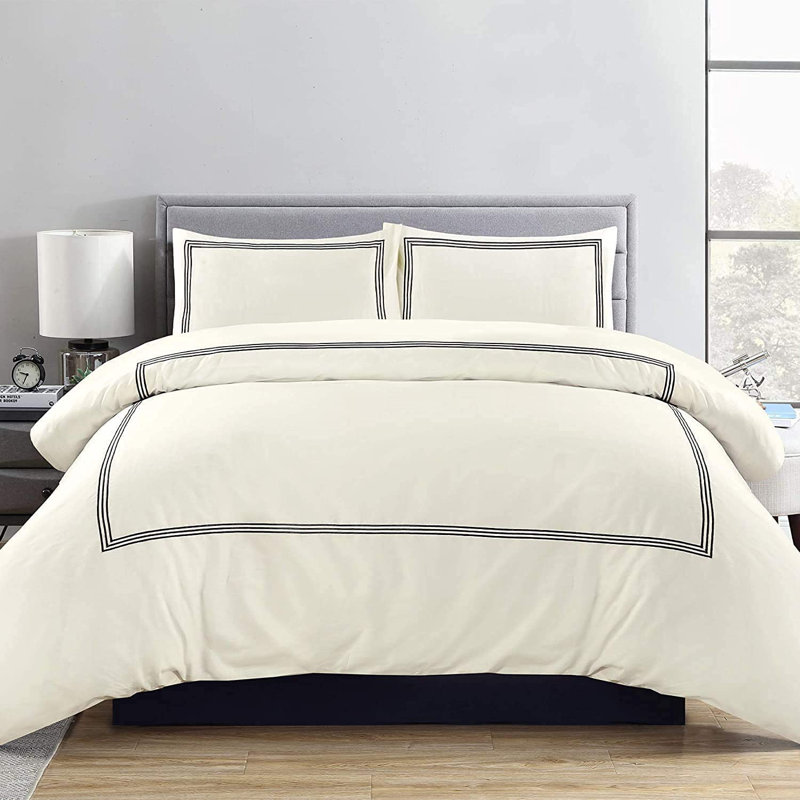 My Home Store Junco Duvet Cover Set Microfiber 3 Piece Luxury Bratta Stitch Duvet Cover Sets With Pillowcase, Cream/Black