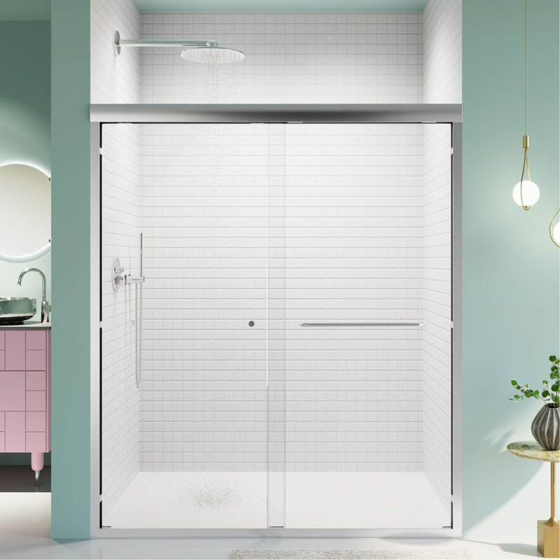 Élégante porte de douche coulissante semi-sans cadre pour améliorer la salle de bain, Nickel