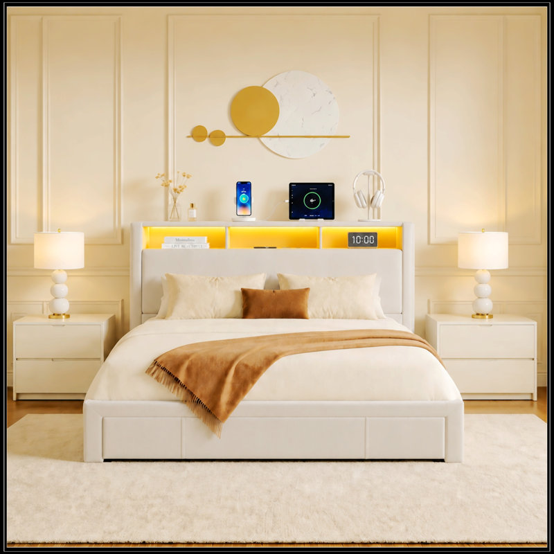 Grand lit tapissier avec rangement, lumières DEL et station de charge, aucun matelas à ressorts requis, assemblage facile, beige