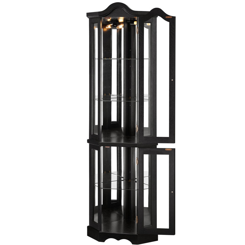Luminaire noir éclairé pour le salon, avec portes coulissantes à ouverture par pression, quatre tablettes amovibles et armoire de coin vitrée éclairée