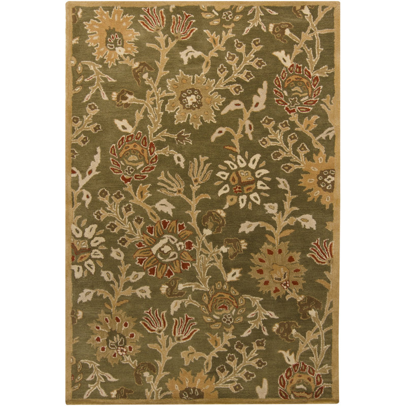 Tapis floral traditionnel en laine touffeté à la main vert olive, doré, terre cuite et ivoire Medford