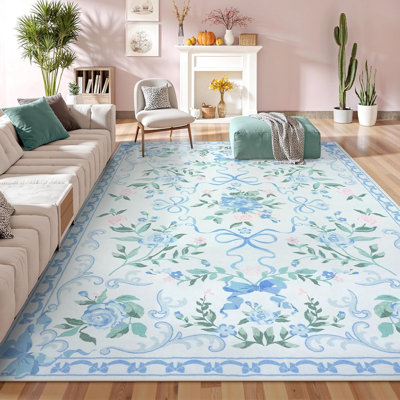 Tapis lavable Kaldi Vintage Floral, motif ruban romantique, à poils courts et antidérapant, idéal pour le salon, la chambre et la salle de jeux.