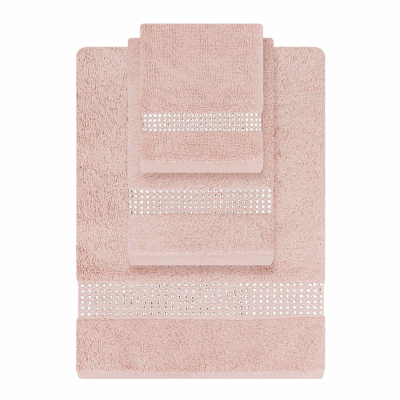 Sparkles Home | 3 Piece Cotton Towel Set | Rhinestone Stripe | Elegant Bathroom Decor, Pink
