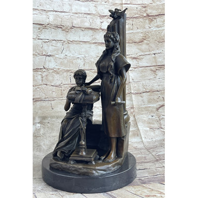 Two Young Girls w/ Book & Column Bronze Statue Sculpture Moreau Decor 14" x 8"
