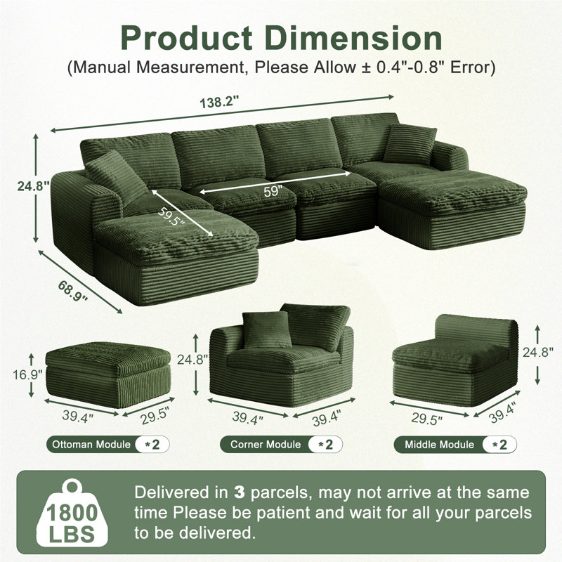 137" Cloud Couch for Living Room, Modular Sectional Sofa with Plush Corduroy U Shaped Big Comfy Upholstered Couches with Deep Seat, Compression, No Assembly Required
