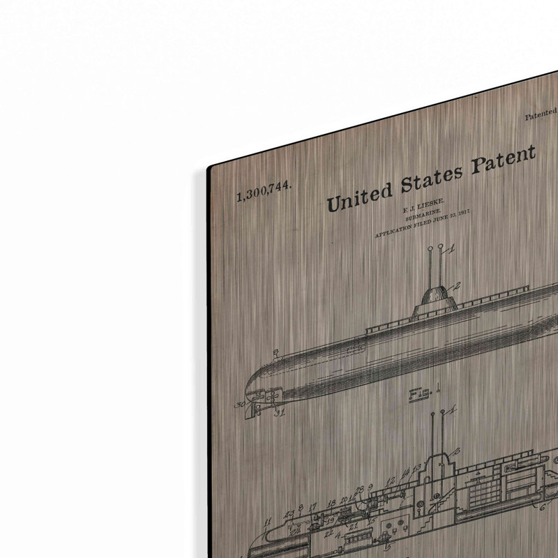 «Submarine Blueprint Brevet Parchment», art mural en métal, H 16 po x l 12 po