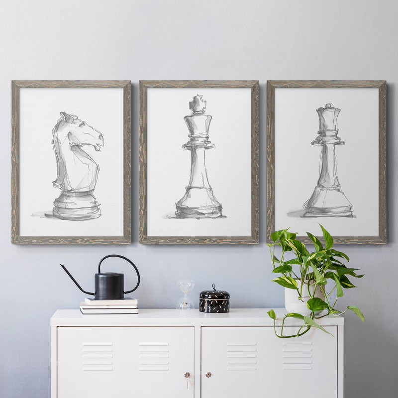 Chess Room Study I, toile encadrée de qualité supérieure - prête à être accrochée, gris, H 43,5 po x l 31,5 po x P 1 po