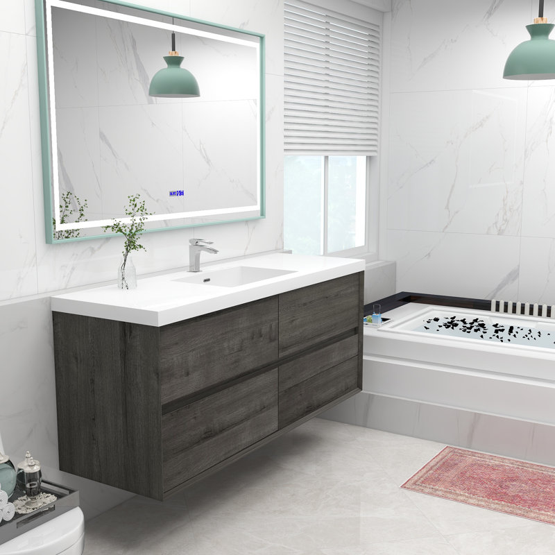 Ensemble de meuble-lavabo mural simple 60 po Momoe, Chêne fumé