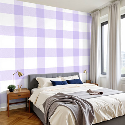 Papier peint adhésif auto-adhésif moderne pour la chambre à coucher à carreaux mauve à carreaux mauve, lavande, mosaïque, grille symétrique, blanc, l 96 po x H 69 po