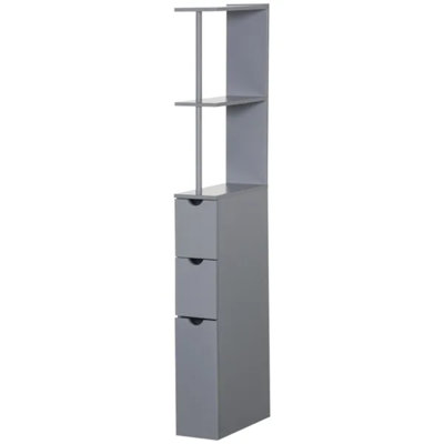 Tour de rangement murale grise autoportante de 137 cm de haut pour le linge de salle de bain, meuble de rangement vertical étroit avec étagères et tiroirs ouverts, fixation murale possible pour la salle de bain, la cuisine et le couloir.