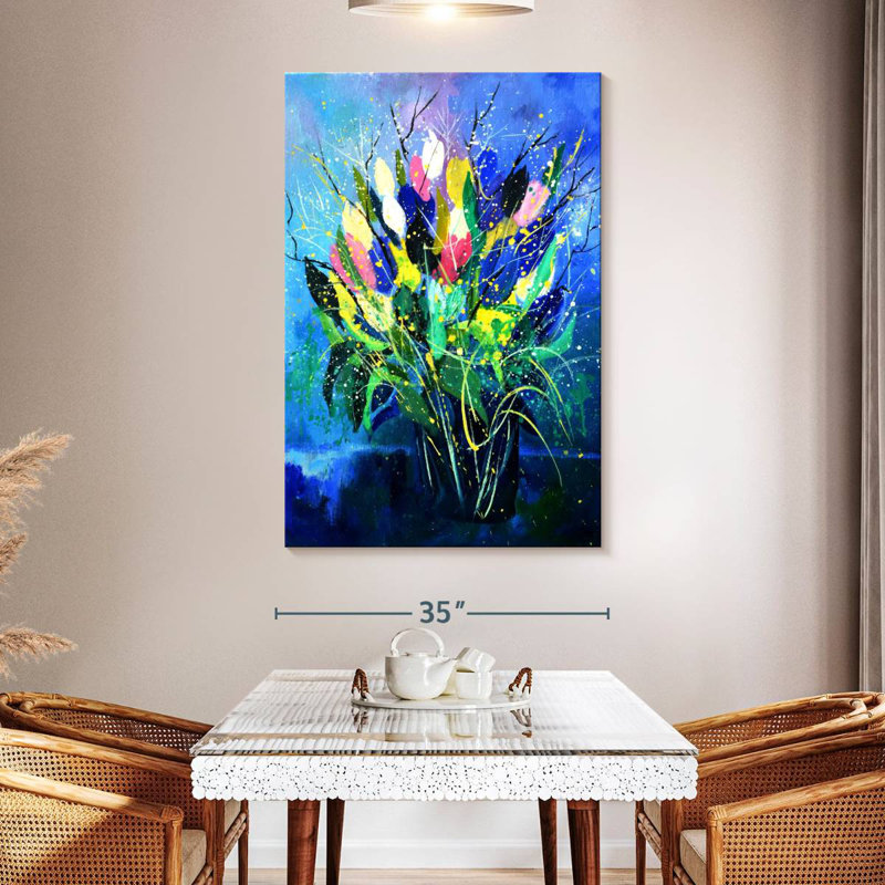 Avery tulipes sur fond bleu, H 51 po x l 34 po