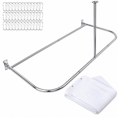 Shower Suites By Utopia Alley D-Shaped Shower Curtain Rod for Freestanding Tubs - Complete Shower Solution with Extra-Long Fabric Shower Curtain & 36 Hooks, Rustproof Aluminum, 60" x 25", Chrome