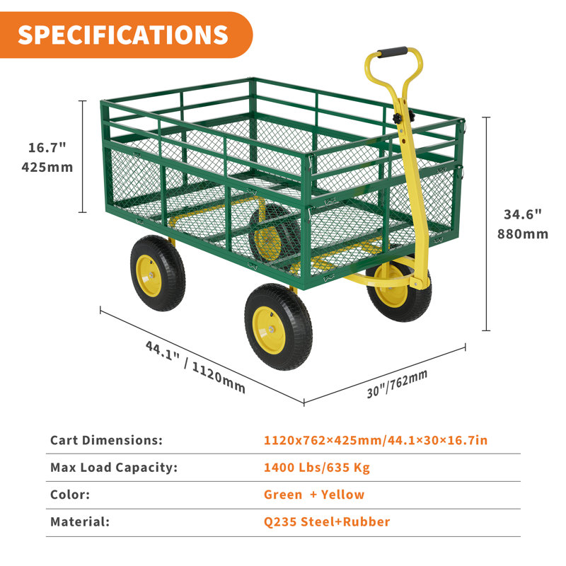 Chariot de jardin 3 en 1 robuste en acier, à tirer, avec panneaux latéraux amovibles, roues de 10/13 pouces et capacités de charge multiples pour le transport de terre, d'outils et de plantes.