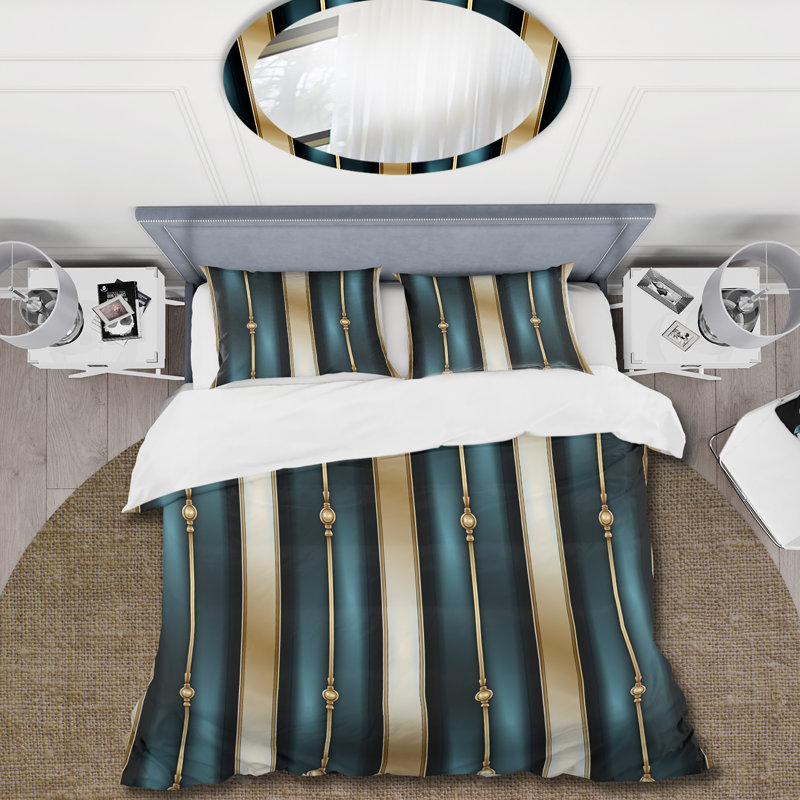 Literie rayée élégante sarcelle et dorée, Housse de couette pour grand lit et 2 taies décor
