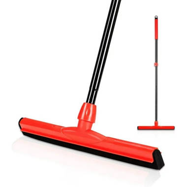 Alpine Industries 2-in-1 Smooth-Surface Squeegee Push Broom - Heavy Duty  Long Handle Sweeper - Wide Cleaner Head with Softer Durable Bristles (24