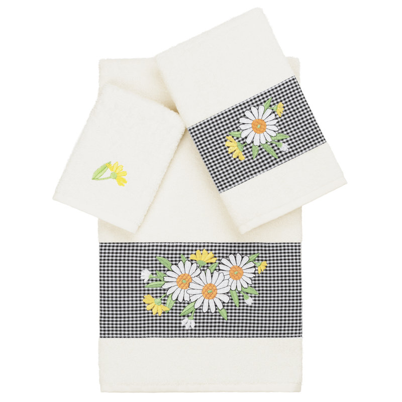 100% Turkish Cotton Daisy Embellished Towel Set, Cream, 3 Piece Towel Set