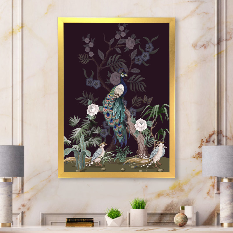 Chinoiserie avec oiseaux et pivoines V - Peinture sur toile, H 20 po x l 12 po x P 1po, Cadre doré