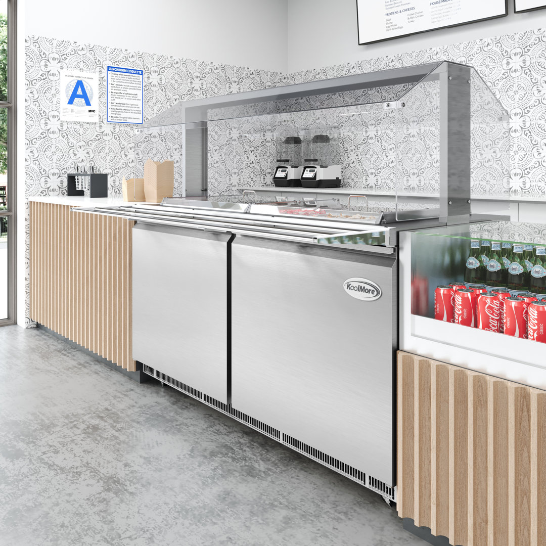 60 in. Commercial Refrigerated Prep Station with Sneeze Guard and Buffet Slide, 12-Pan (Not Included) Capacity with Covers and Two Adjustable Shelves in Stainless-Steel, ETL Listed (KM-RBT-60CSFG) KoolMore