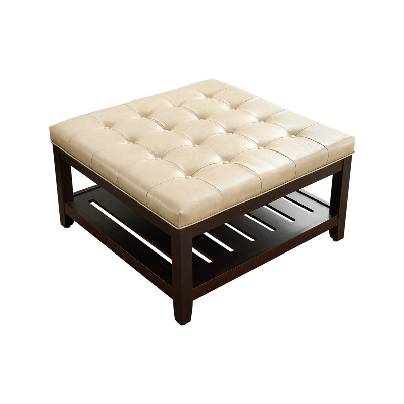 33.5" Wide Tufted Square Cocktail Ottoman With Storage Tray, Beige Faux Leather