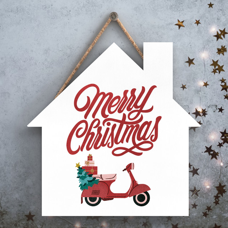 Xmas Merry Christmas Scooter Wooden House Plaque, 9.9cm H x 9.9cm W x 0.5cm D